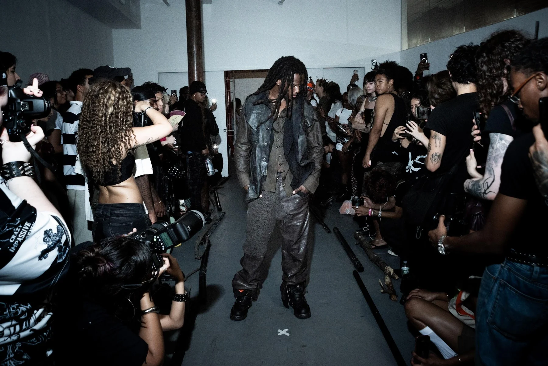 Sheep Hyde Pants / “Abandonment” Gauze Vest / Green Horn Toggle Dress Shirt / “Raider” Denim Vest worn together on the runway