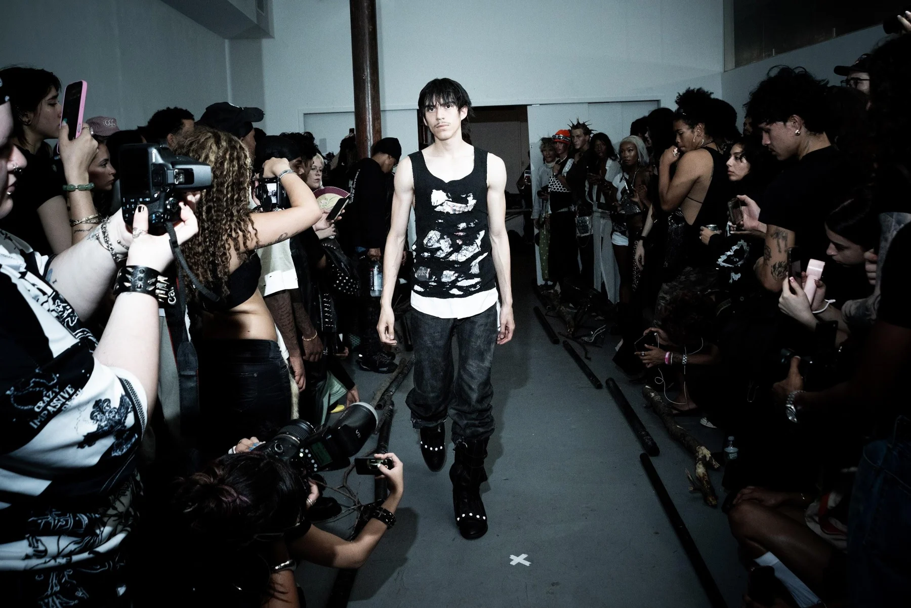 “Music of the Spheres” Tank / Distressed Wax Denim worn together on the runway
