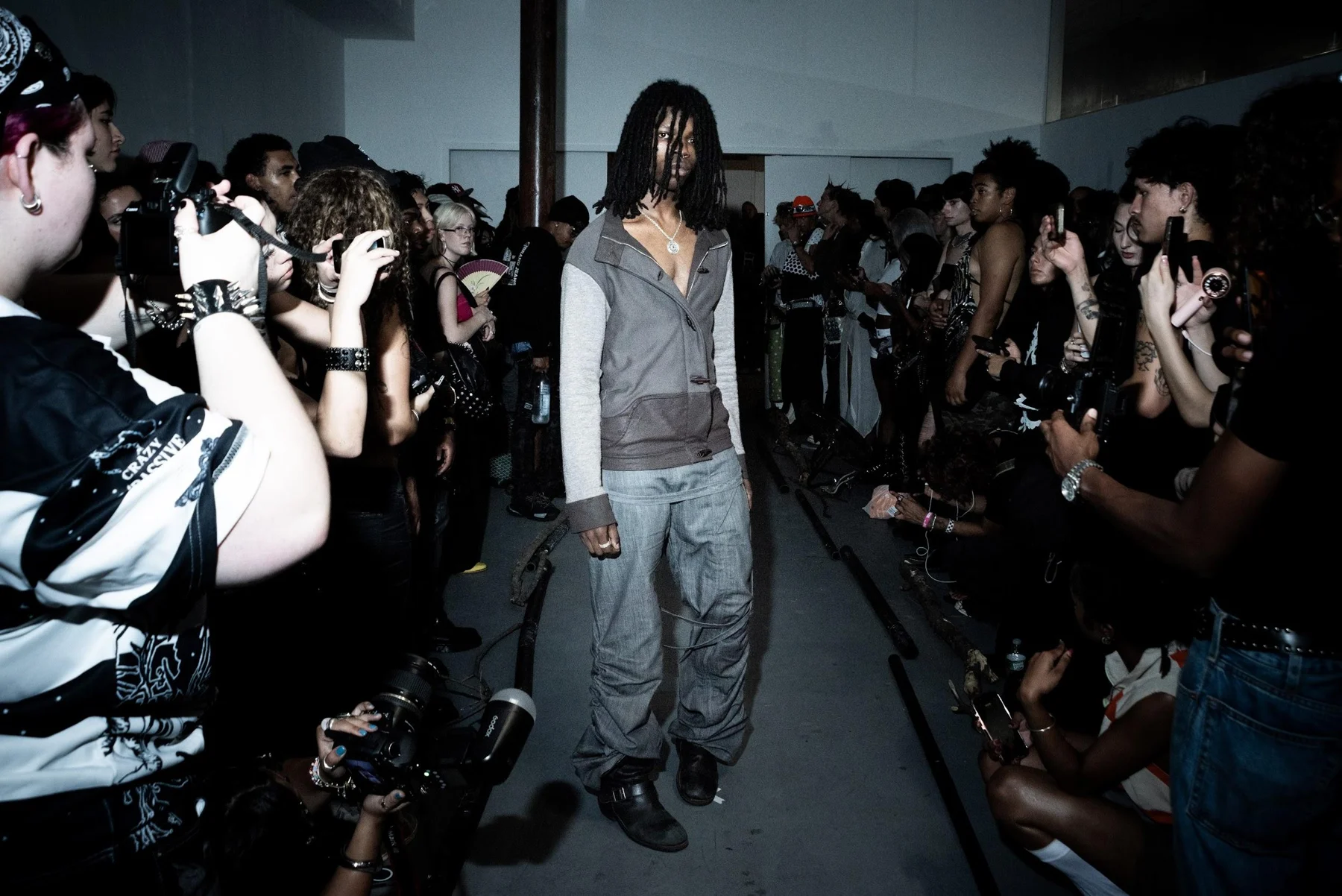 Repent Zip-Up / Bondage Scrunch Denim worn together on the runway