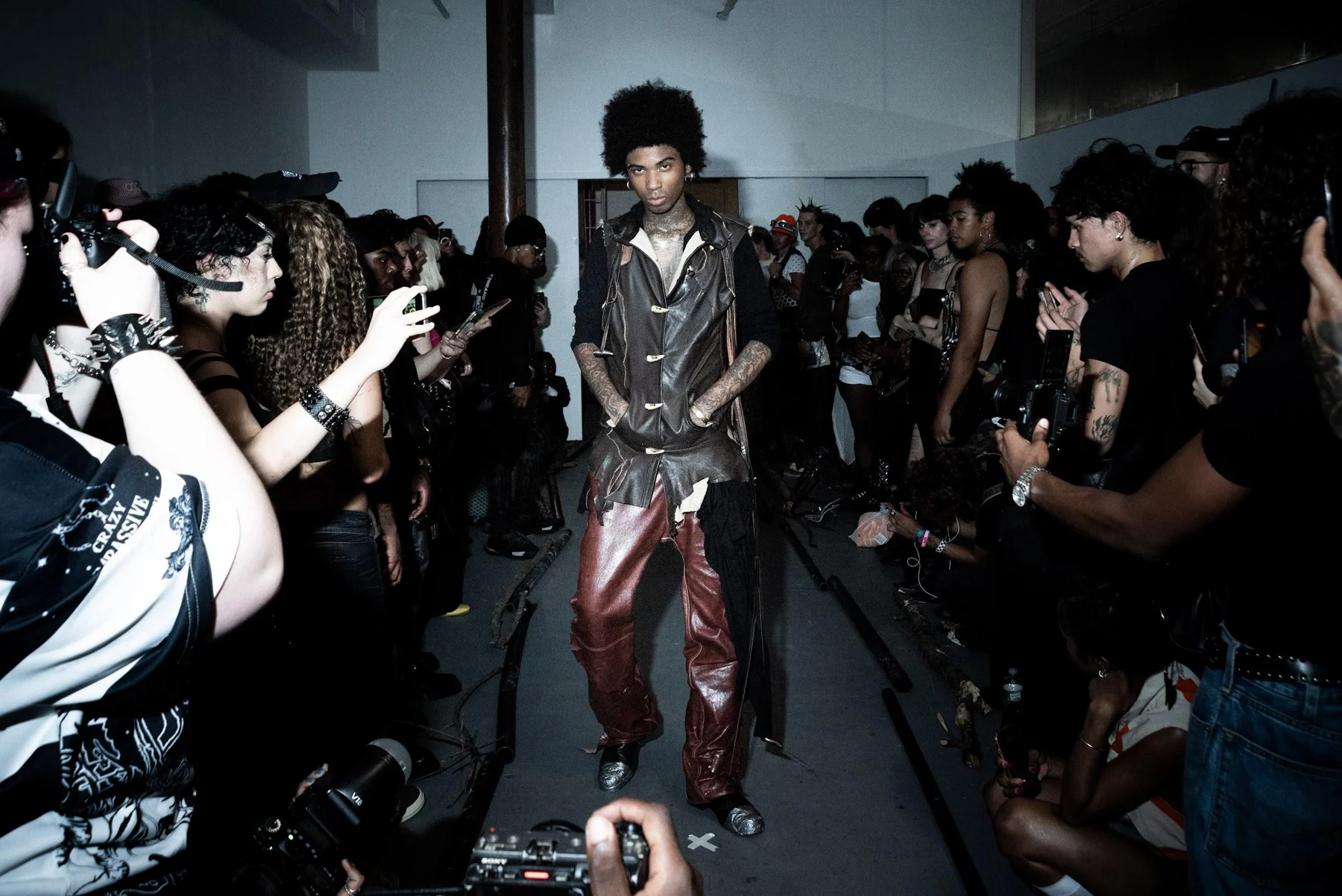 “Shaman” Leather Vest / Red Lambskin Pants worn together on the runway