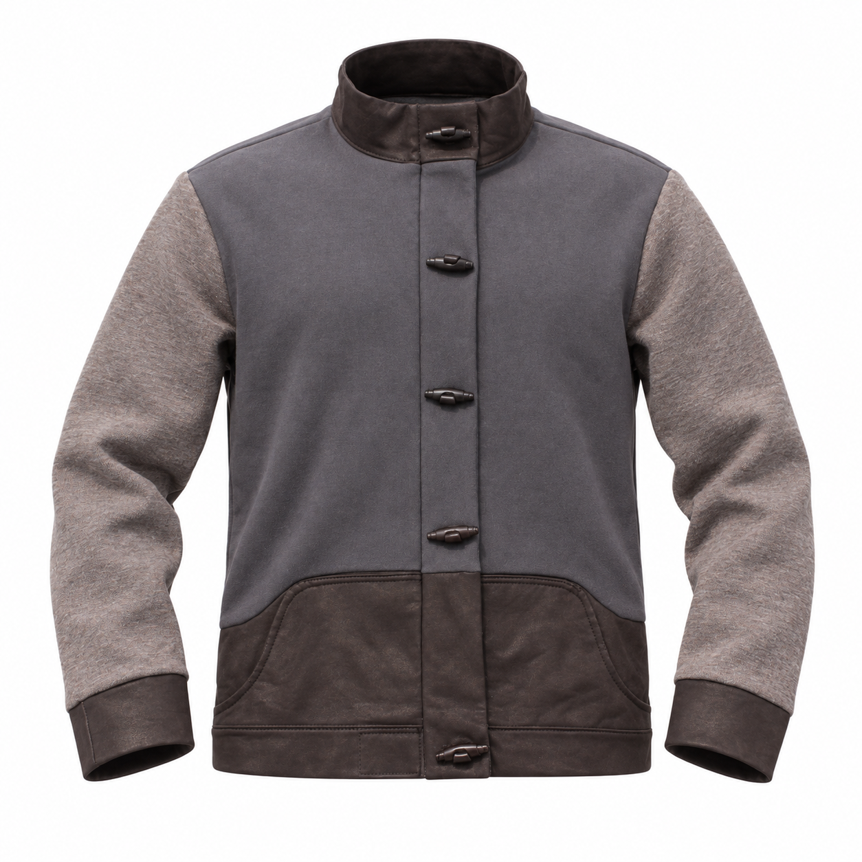 Front of the Repent jacket showing five toggle clasps and curved lower pockets
